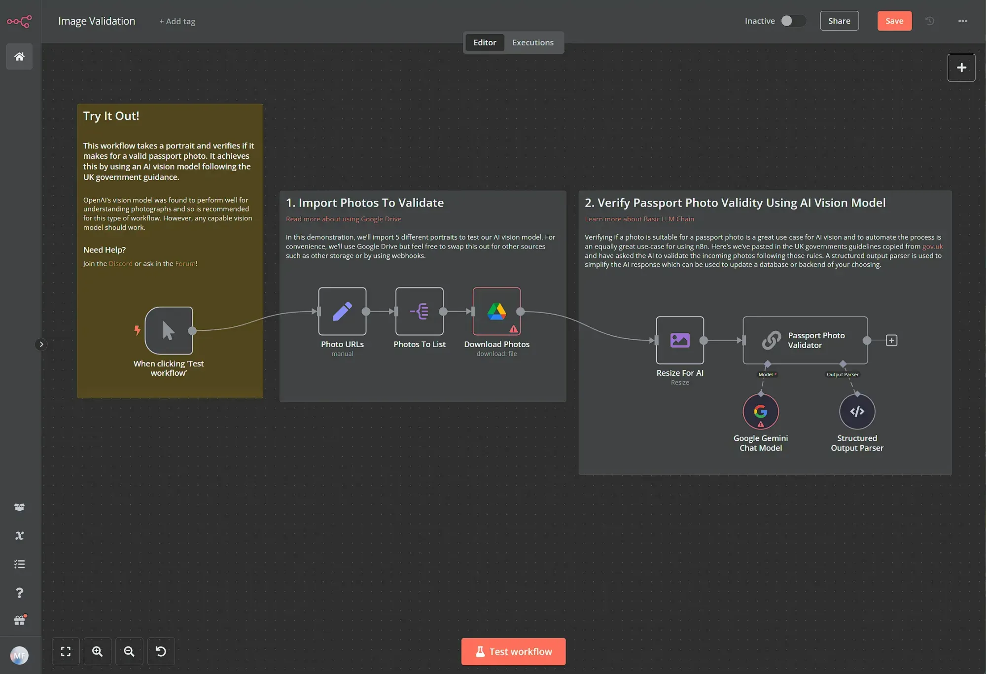 n8n image validation workflow using Google Gemini AI model