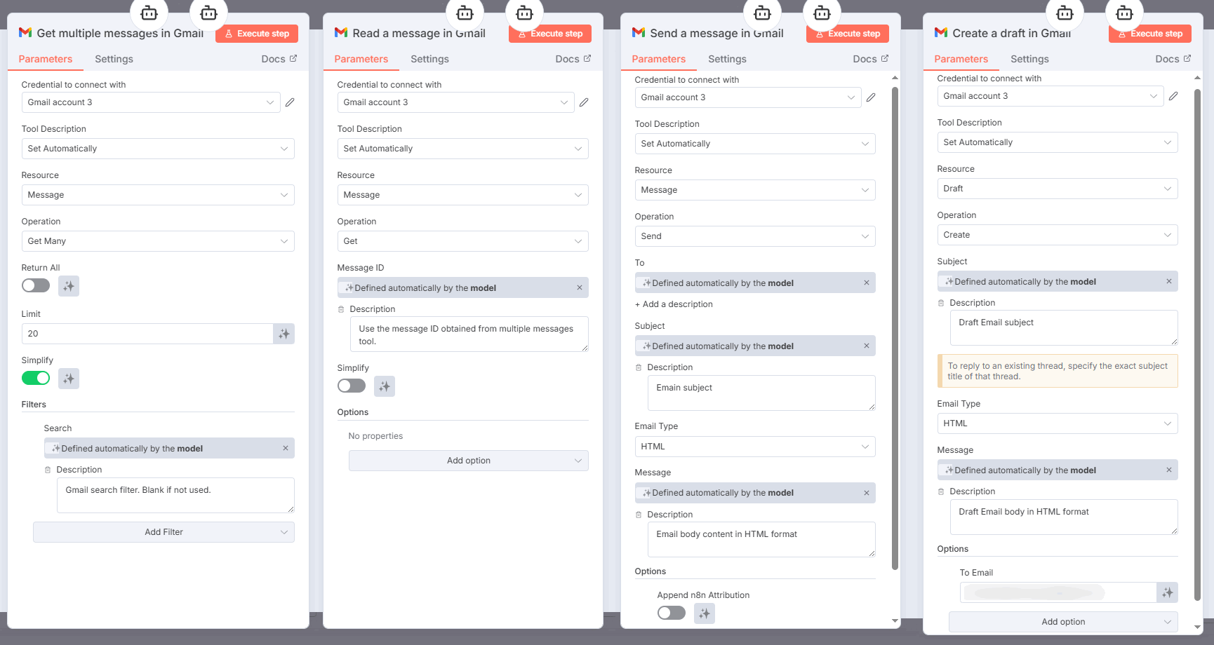 Example settings of the Gmail sub-nodes