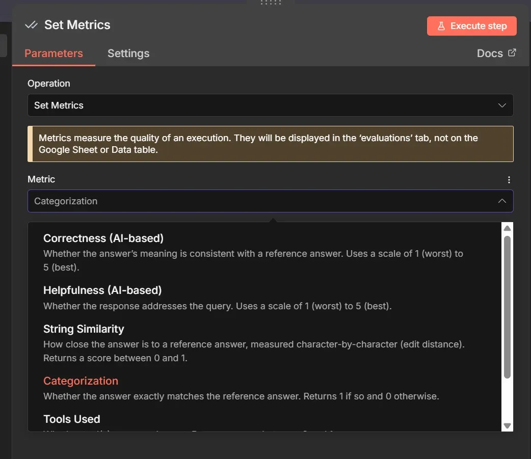 n8n's Set Metrics node settings