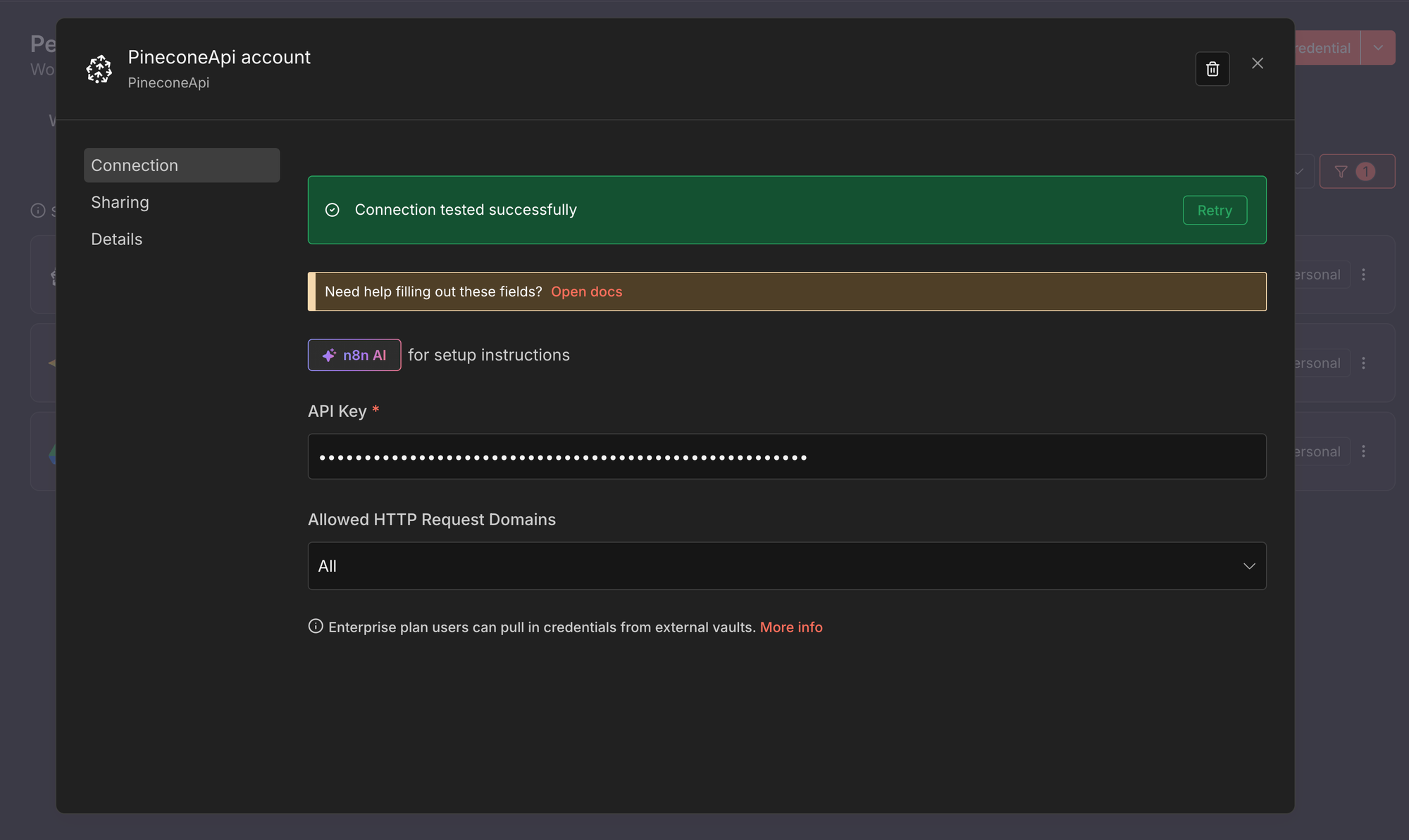 Pinecone API credential - n8n
