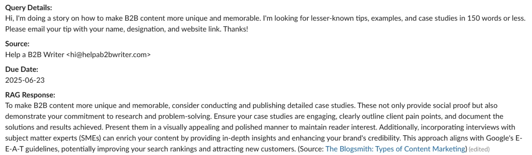 The HITL checkpoint for a journalist request agent in Slack