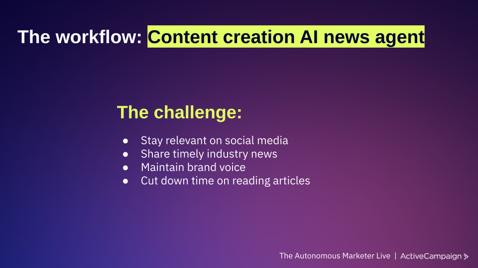 A slide about my content creation AI news agent from a recent ActiveCampaign webinar