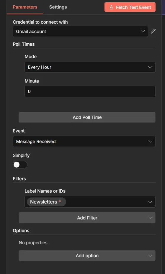 Configure the Gmail trigger node